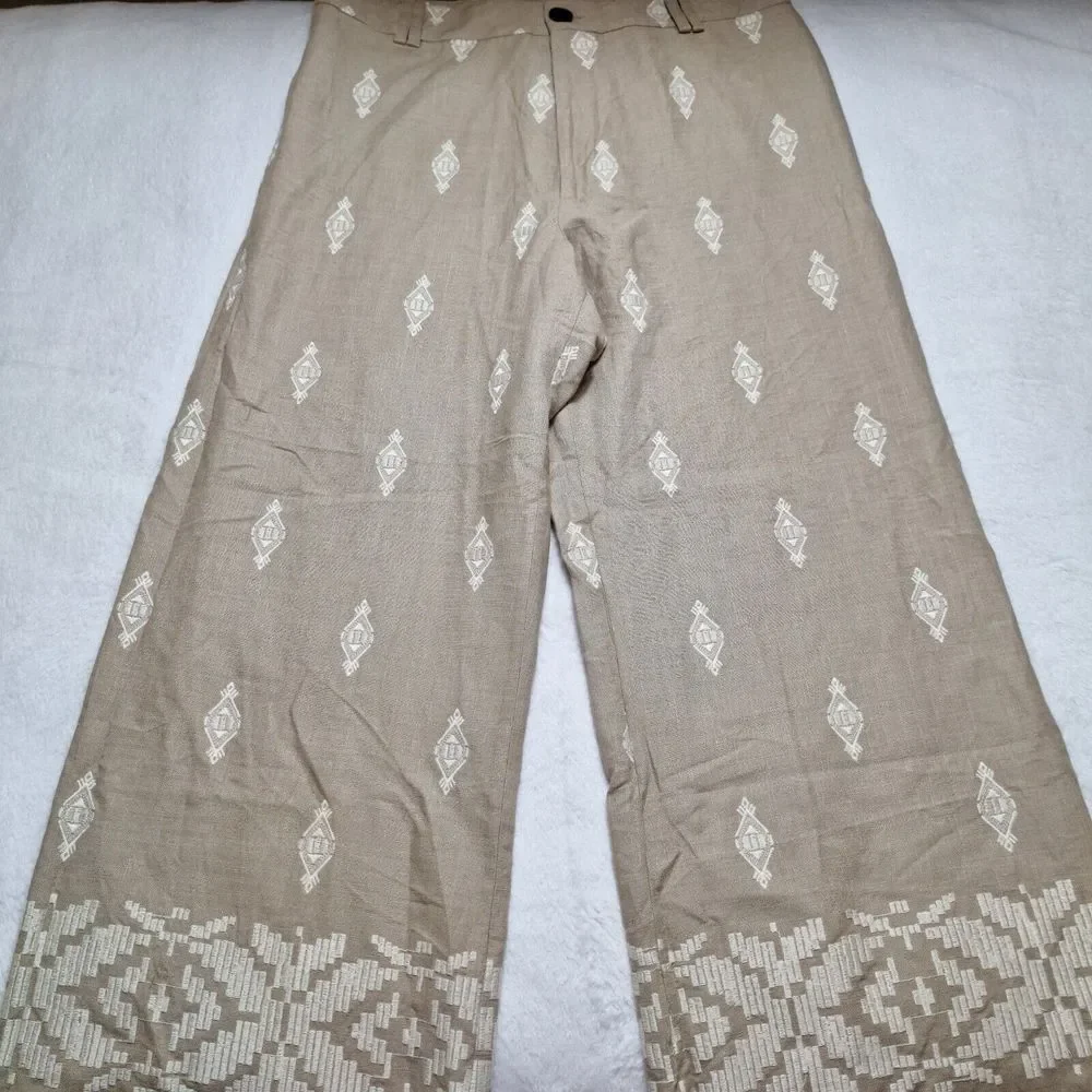 ZARA Linen Blend Embroidered Wide Leg Crop Pants Sz XL Beige Blogger Favorite